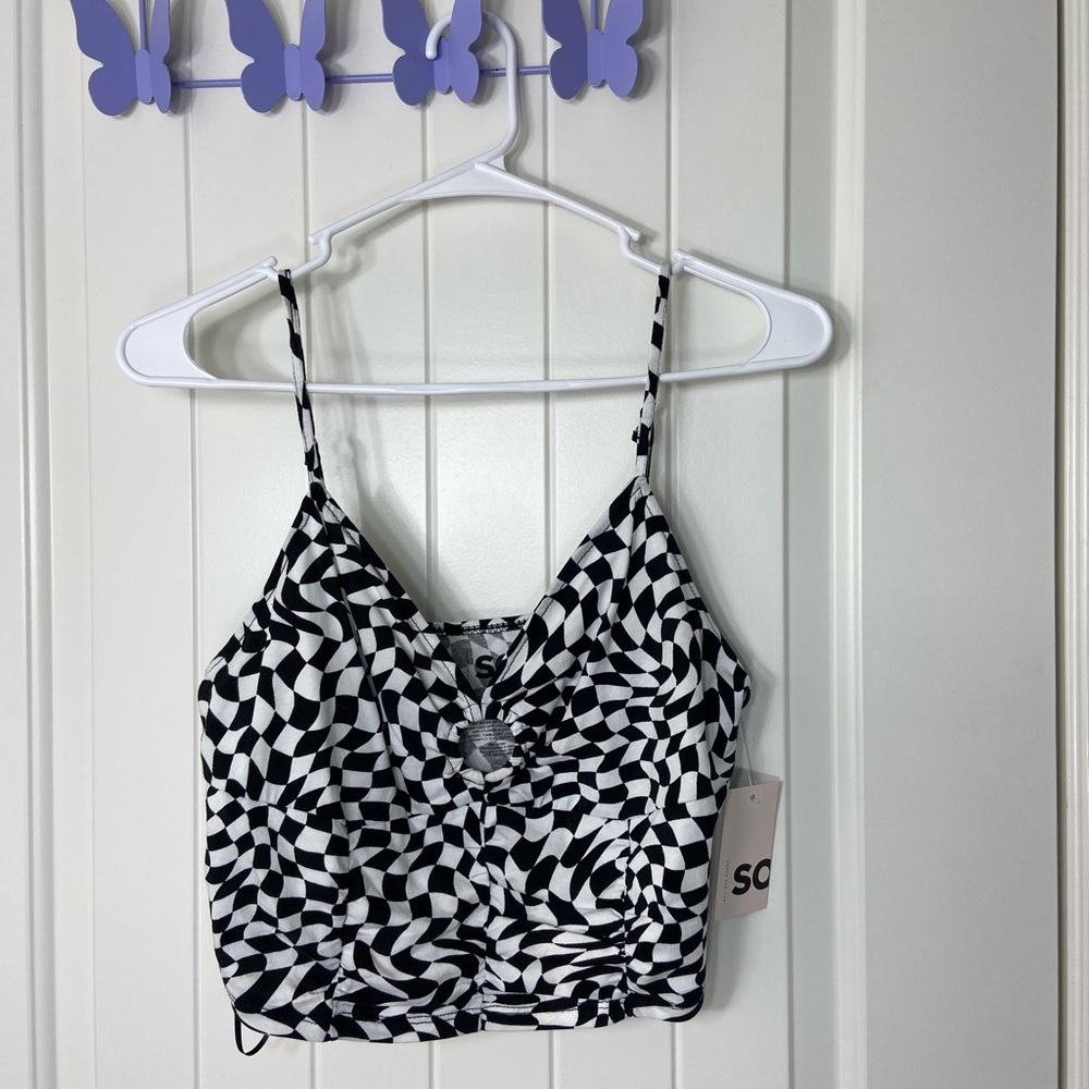 NEW SO women’s white black‎ checkered plaid cutout cropped tank top summer large